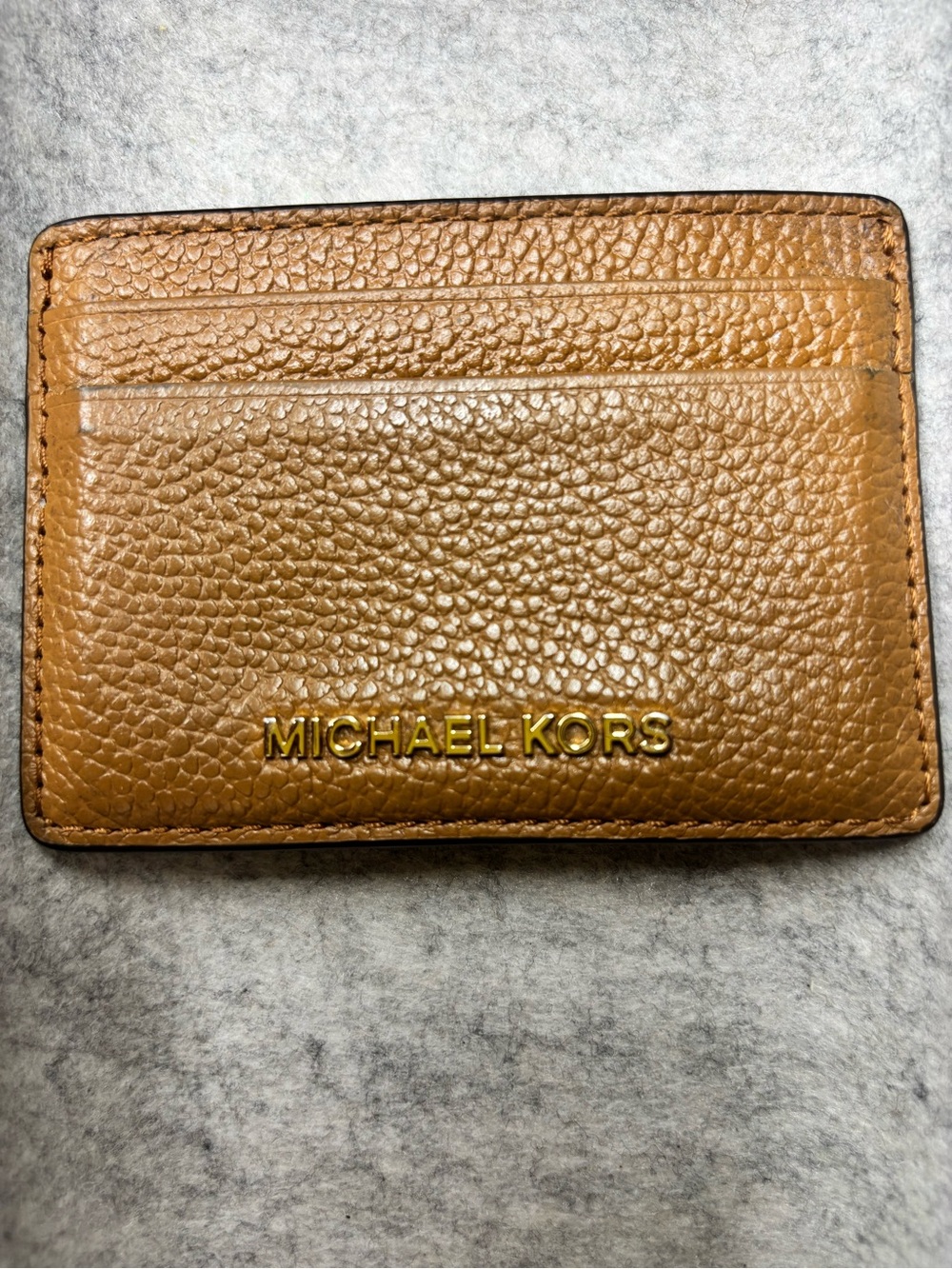 Michael Kors Brown Pebbled Leather Card Case with Gold Logo
